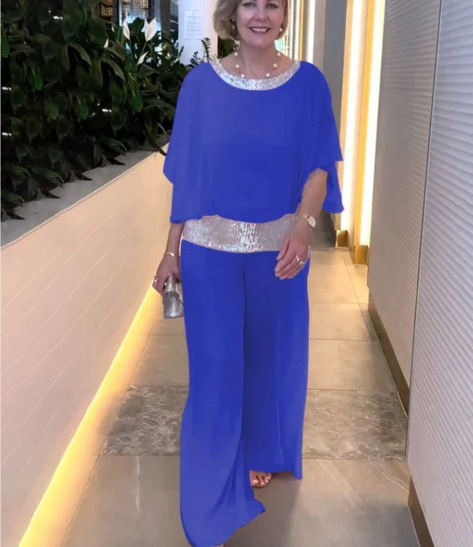 Women's Elegant Chiffon Sequin Two-Piece Pant Set