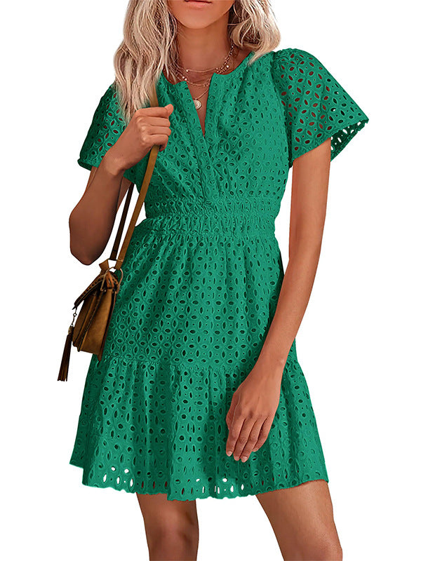 Women V Neck Lace A Line Summer Dress