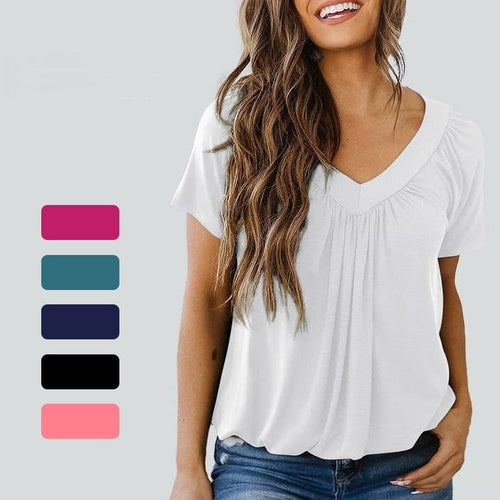 Casual women's top with pleated V-neck and short sleeves