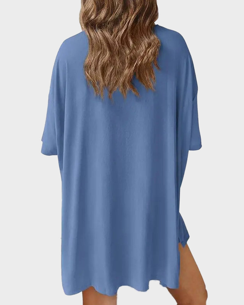 Casual Oversized 2-Piece Lounge Set – Crewneck Split Hem Top &amp; Fitted Shorts
