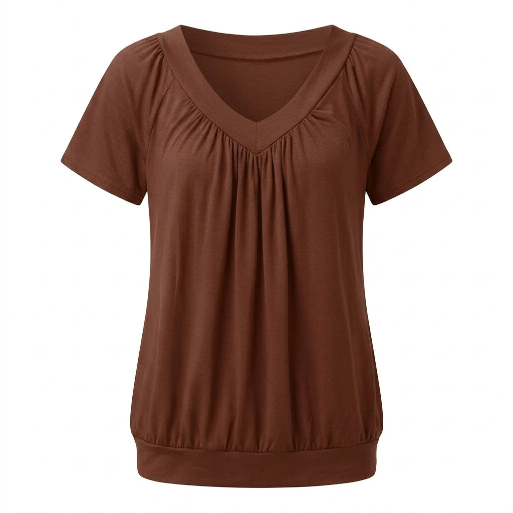 Casual women's top with pleated V-neck and short sleeves
