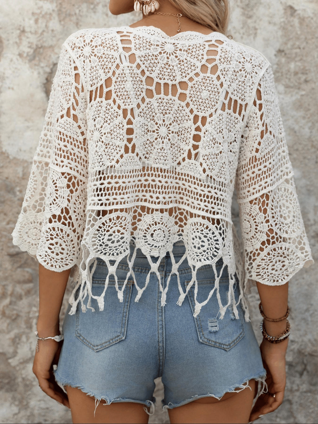 Women's Plain Fringe Trim Cut Out Sheer Cover Up, Boho Scallop Trim 3/4 Sleeve Round Neck Cover Up for Beach Vacation
