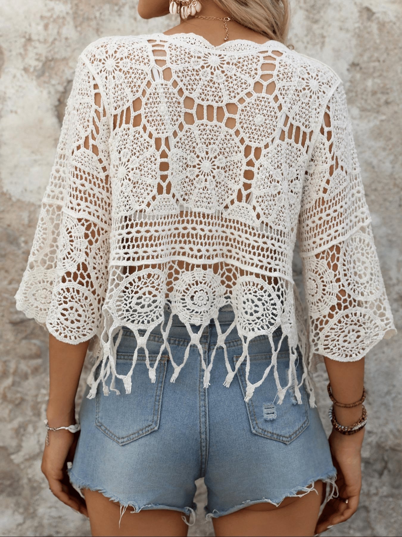 Women's Plain Fringe Trim Cut Out Sheer Cover Up, Boho Scallop Trim 3/4 Sleeve Round Neck Cover Up for Beach Vacation