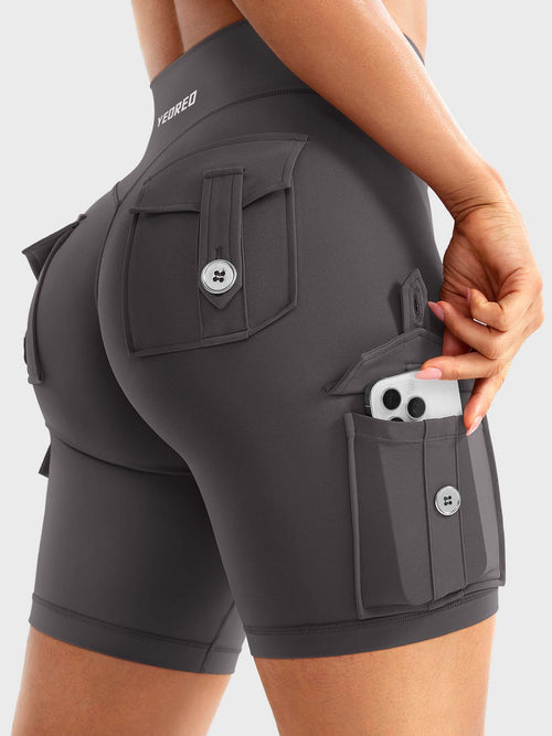 High Waist Cargo Yoga Shorts – Button Pockets, Butt Lift &amp; Ultra-Breathable