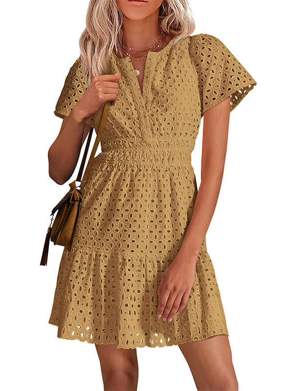 Women V Neck Lace A Line Summer Dress