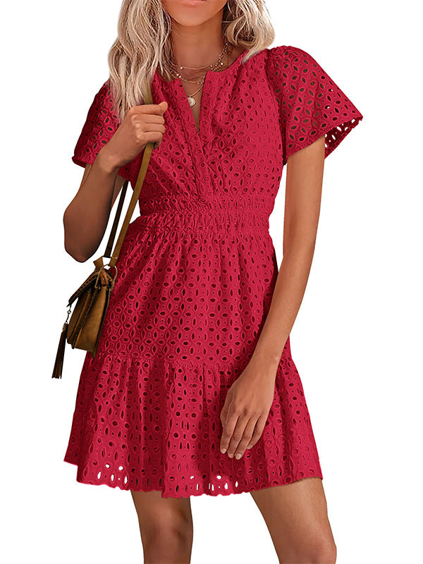 Women V Neck Lace A Line Summer Dress