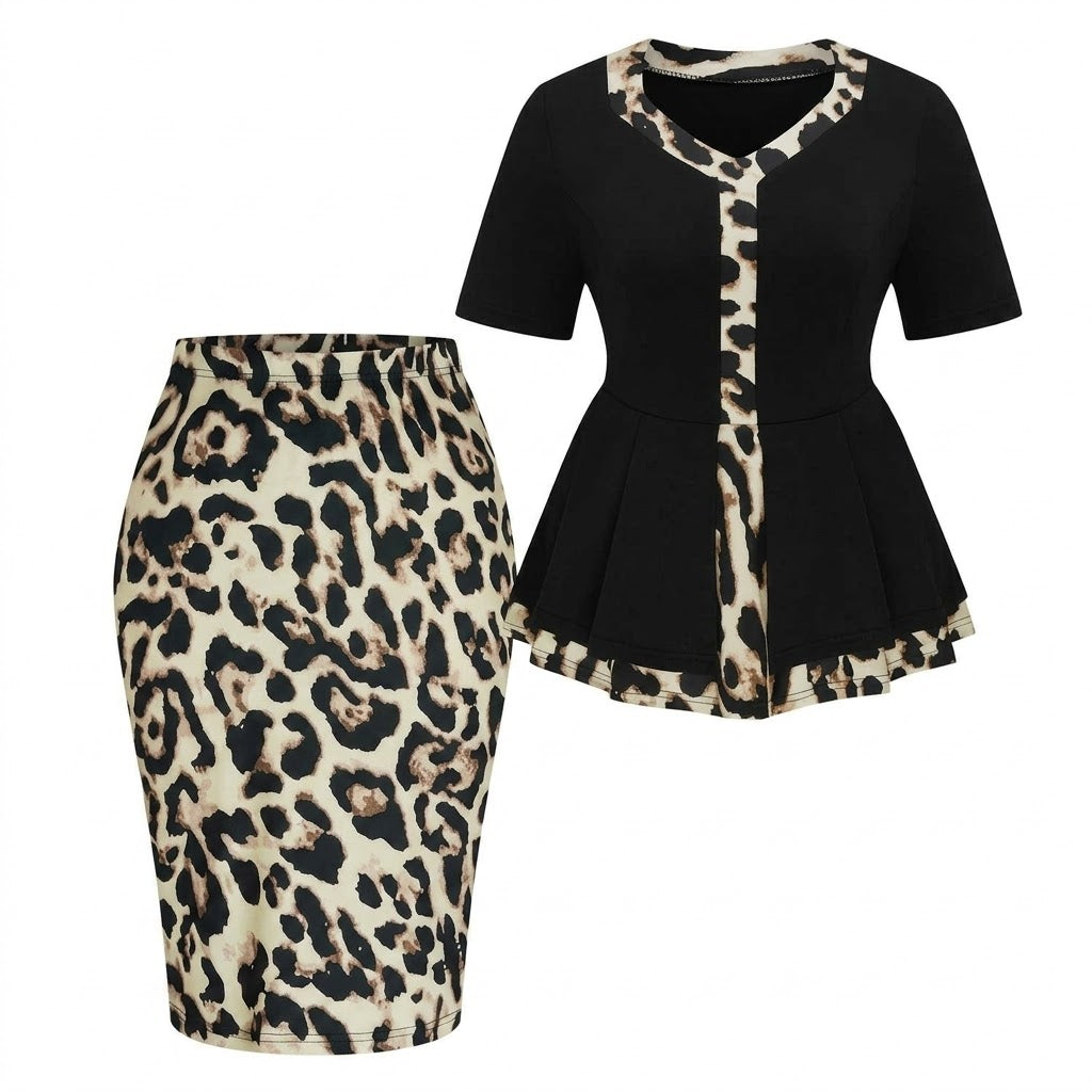 Women Geometric Contrast Color Matching Skirt Two Piece Set