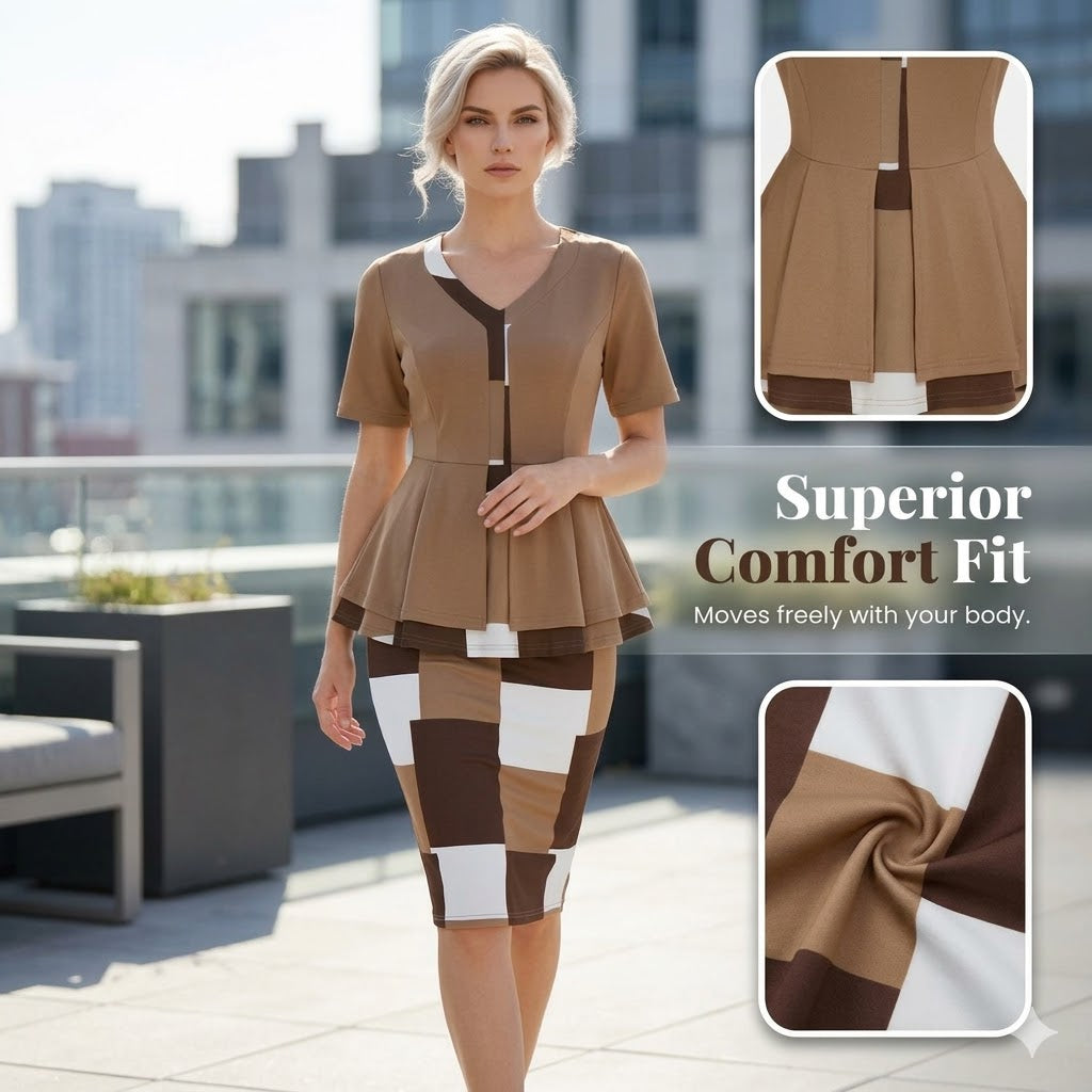 Women Geometric Contrast Color Matching Skirt Two Piece Set