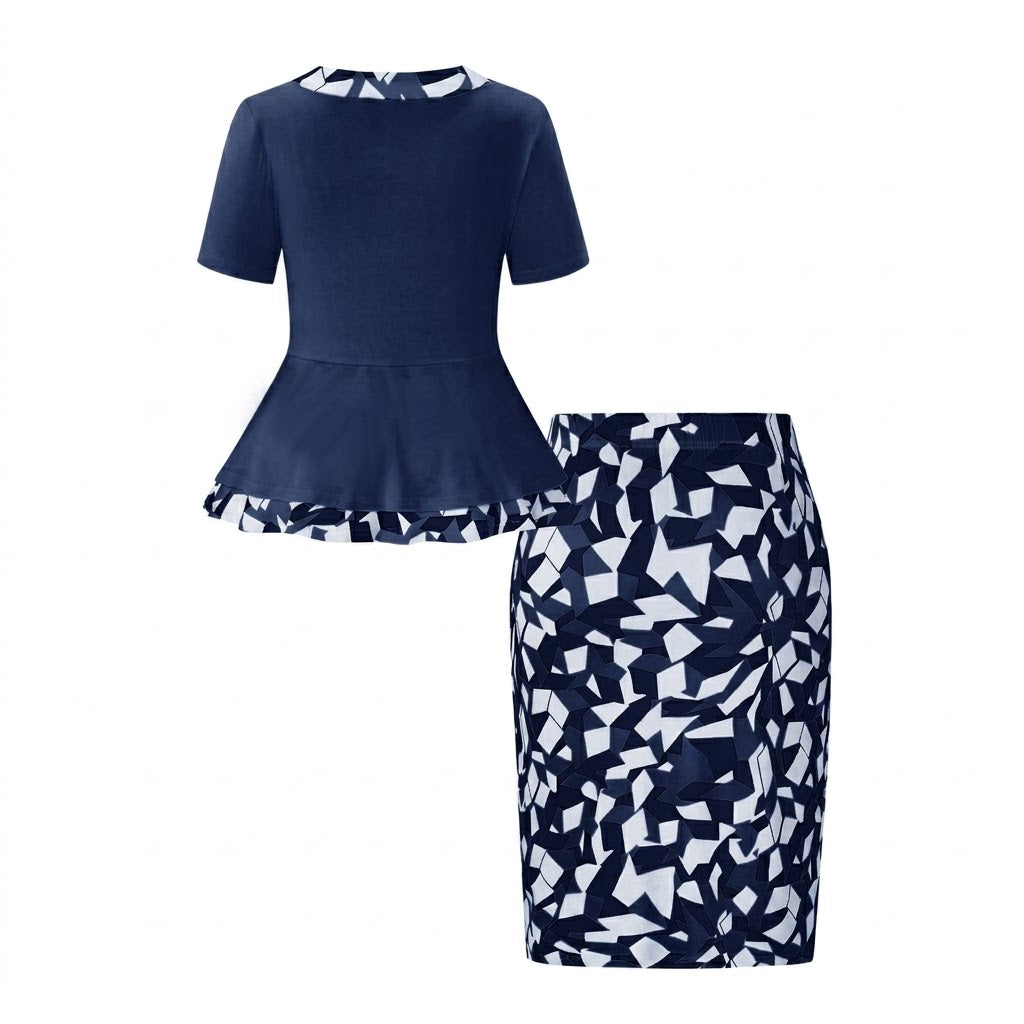 Women Geometric Contrast Color Matching Skirt Two Piece Set