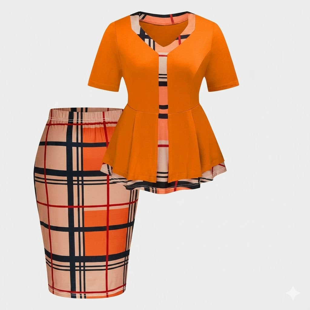 Women Geometric Contrast Color Matching Skirt Two Piece Set