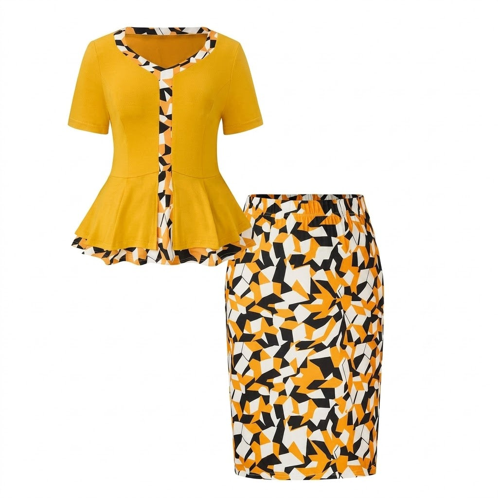 Women Geometric Contrast Color Matching Skirt Two Piece Set