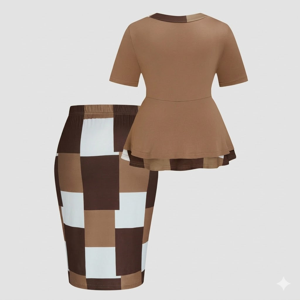 Women Geometric Contrast Color Matching Skirt Two Piece Set
