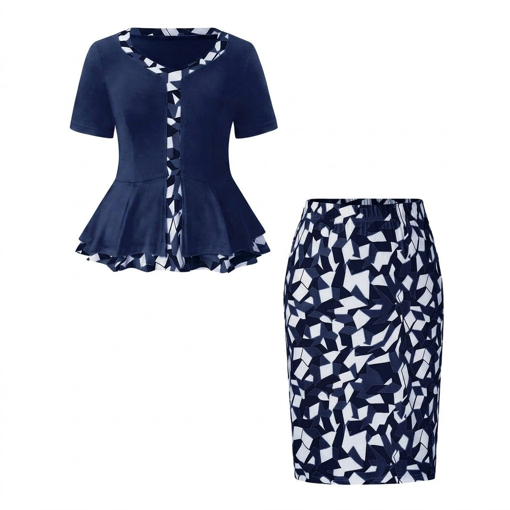 Women Geometric Contrast Color Matching Skirt Two Piece Set