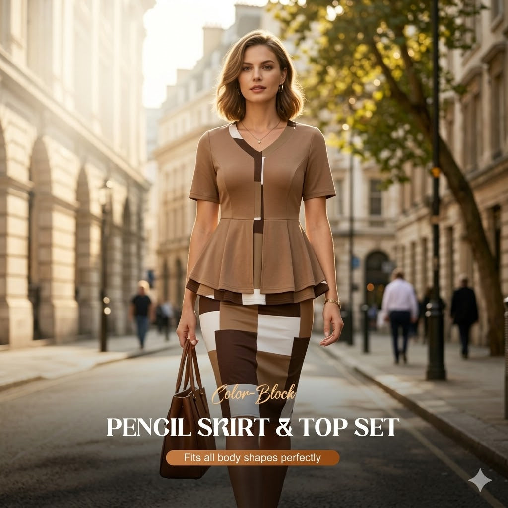 Women Geometric Contrast Color Matching Skirt Two Piece Set
