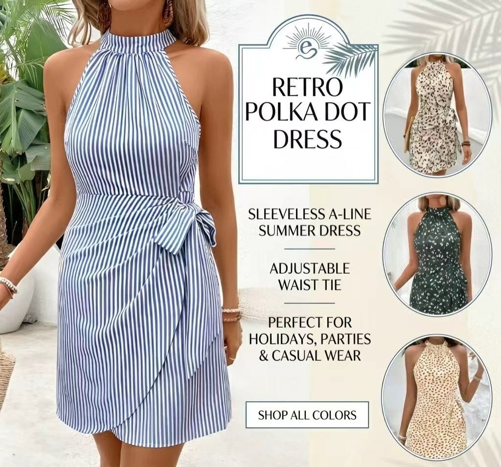 👗 Women's Retro Polka Dot Halter Dress - Sleeveless A-Line Summer Dress with Adjustable Waist Tie - Perfect for Holidays, Parties & Casual Wear