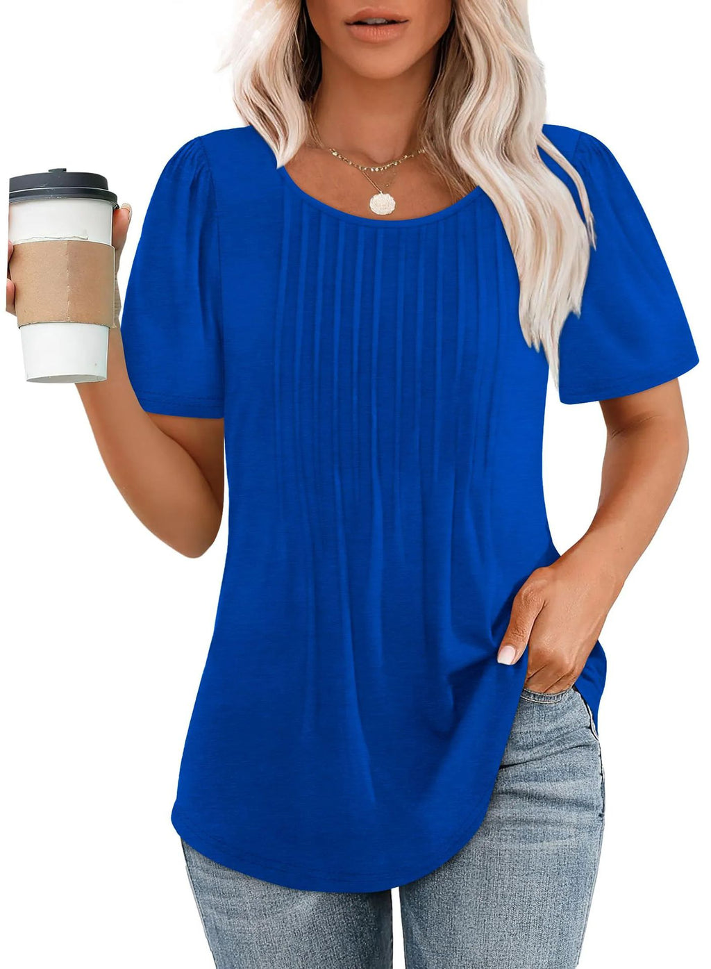 💕Last day promotionWomens💕 T-Shirts Short SleevePleated Dressy Casual ScoopedNeck Summer Tops Blouses