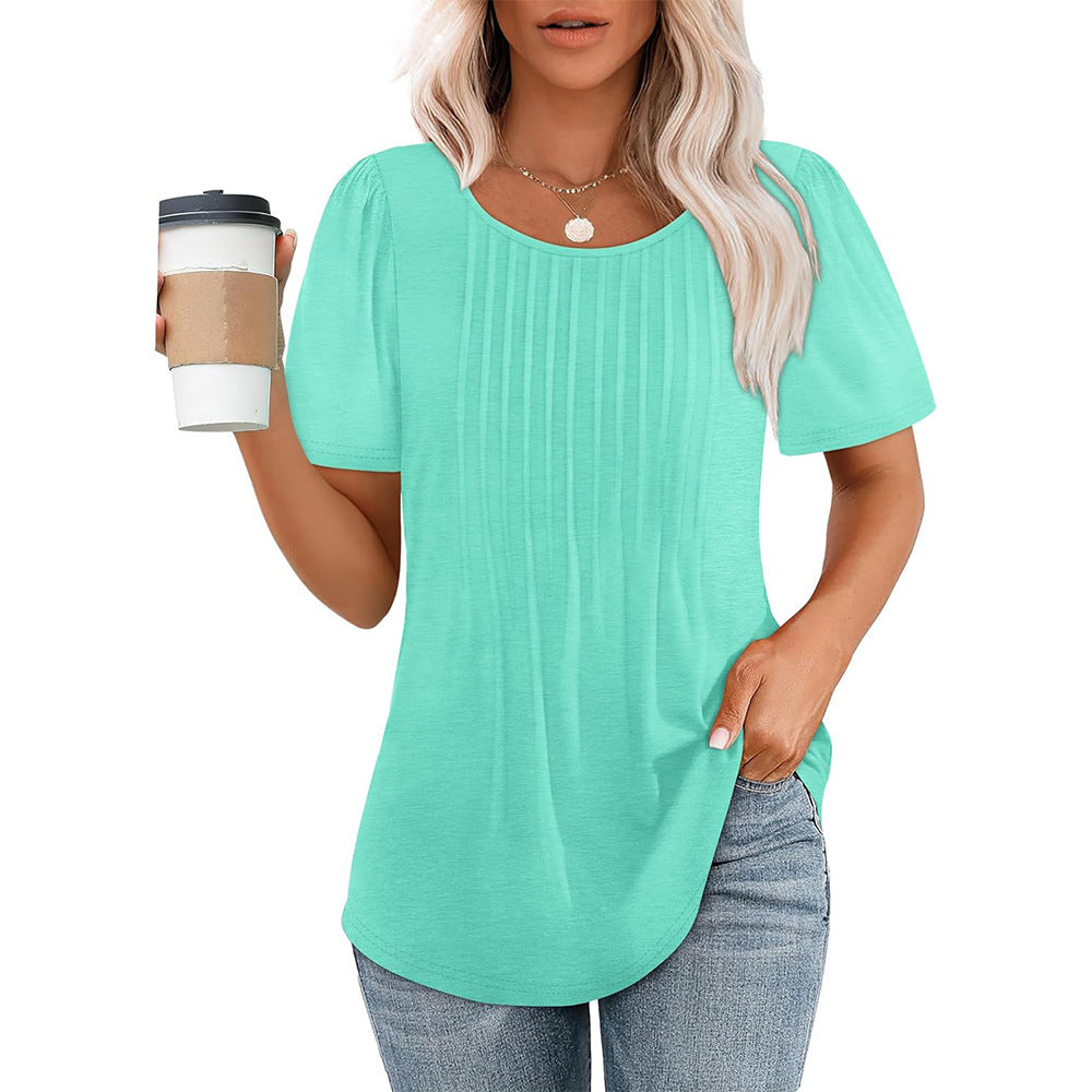 💕Last day promotionWomens💕 T-Shirts Short SleevePleated Dressy Casual ScoopedNeck Summer Tops Blouses