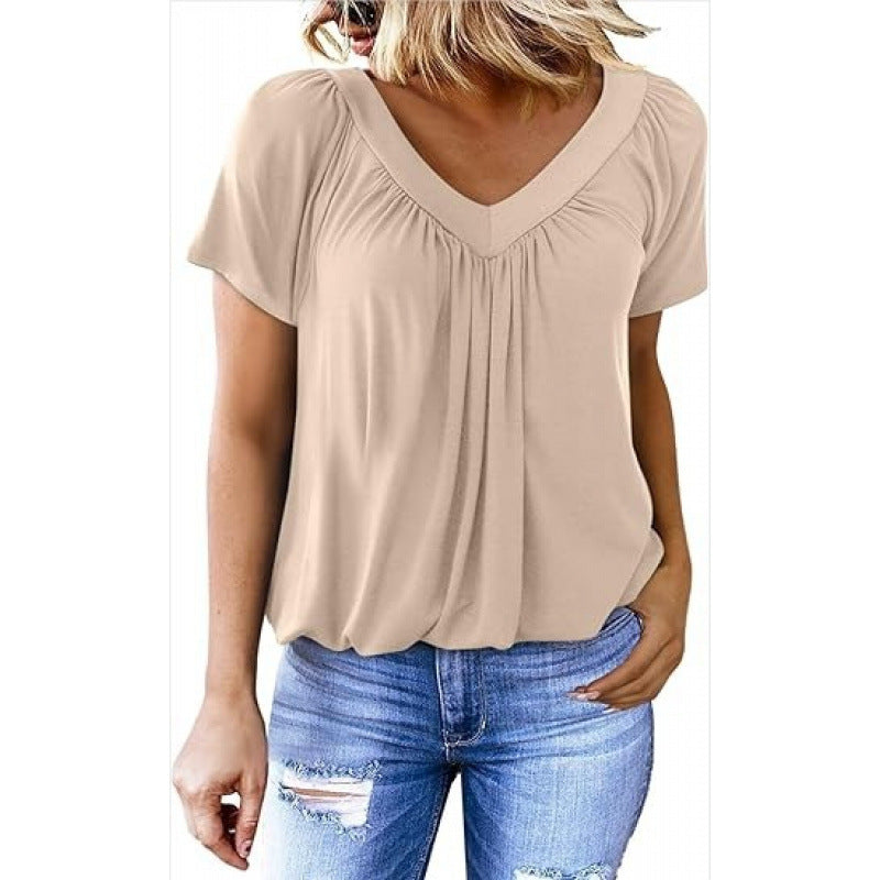 Casual women's top with pleated V-neck and short sleeves
