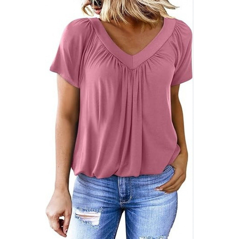 Casual women's top with pleated V-neck and short sleeves