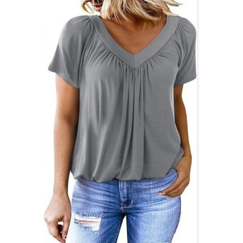 Casual women's top with pleated V-neck and short sleeves