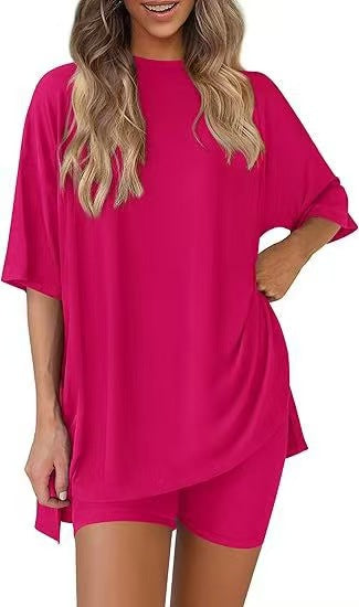 Casual Oversized 2-Piece Lounge Set – Crewneck Split Hem Top &amp; Fitted Shorts