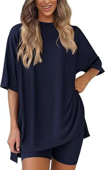 Casual Oversized 2-Piece Lounge Set – Crewneck Split Hem Top &amp; Fitted Shorts