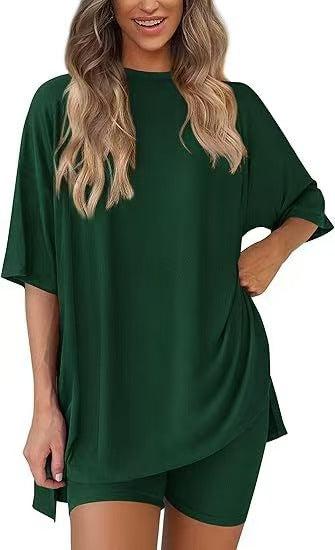 Casual Oversized 2-Piece Lounge Set – Crewneck Split Hem Top &amp; Fitted Shorts
