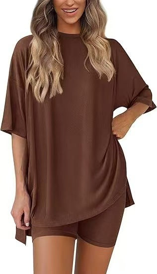 Casual Oversized 2-Piece Lounge Set – Crewneck Split Hem Top &amp; Fitted Shorts