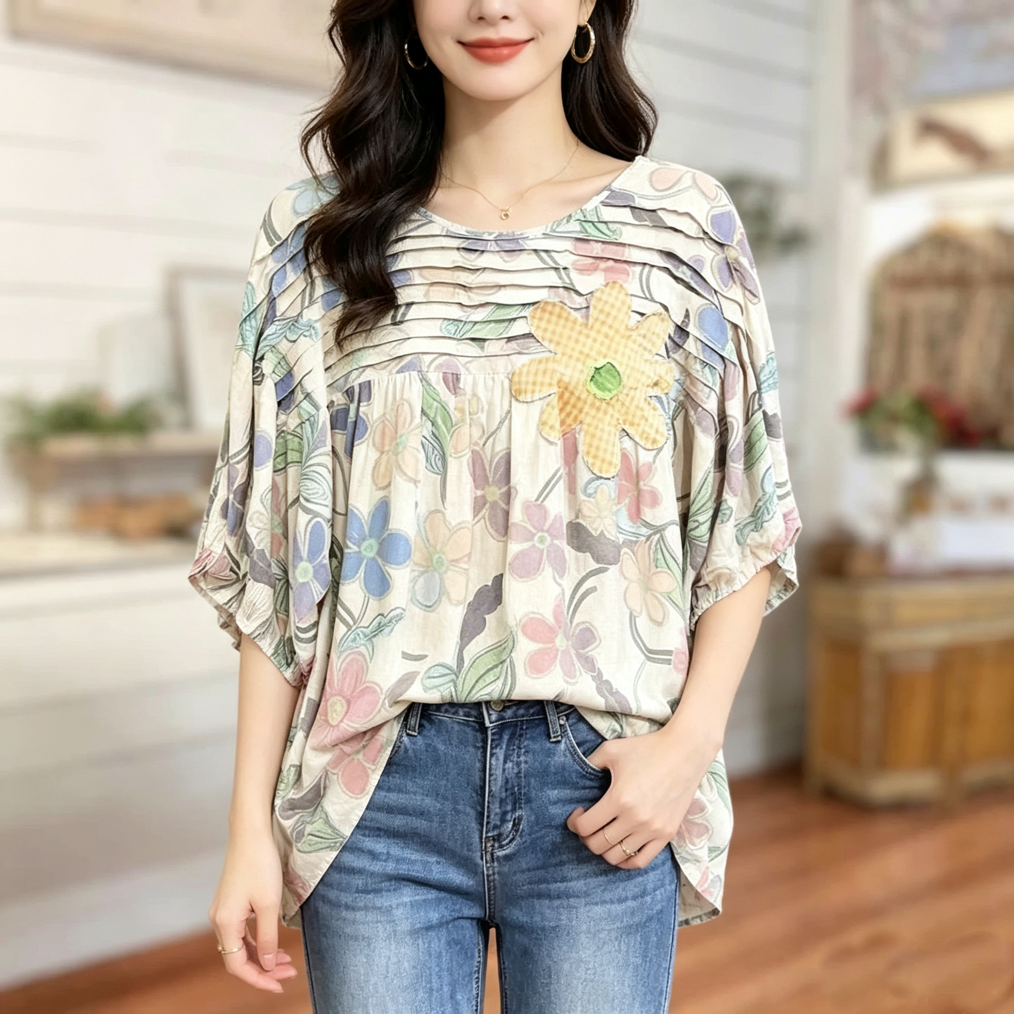 Applique & Floral Print Pleated Detail Rocking Blouse