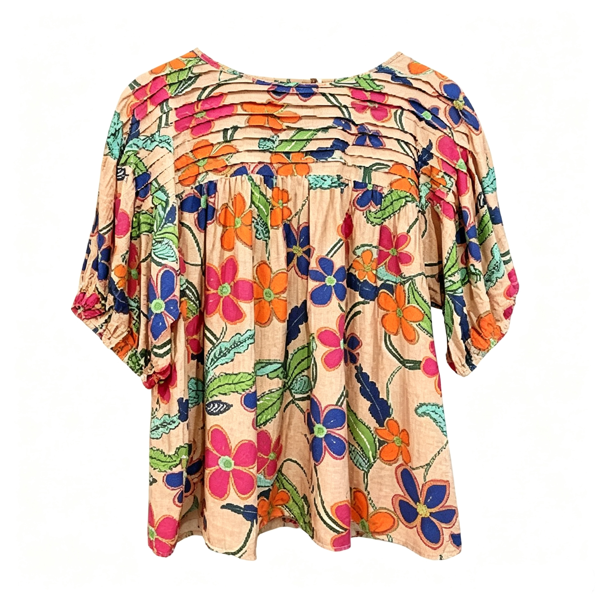 Applique & Floral Print Pleated Detail Rocking Blouse