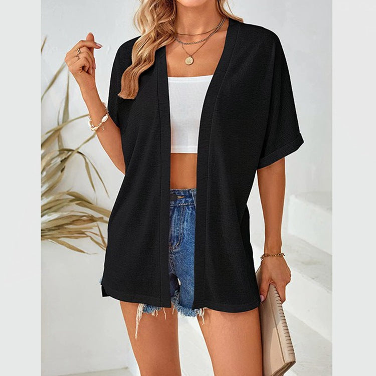 Womens Lightweight Cardigan 2026 Summer Short Sleeve Open Front Beach Coverup Vacation Outdoorfun Knitwear Comfort Casual Loose Minimalist Basic Knitting Batwing Shortsleeve Tops Womenswear