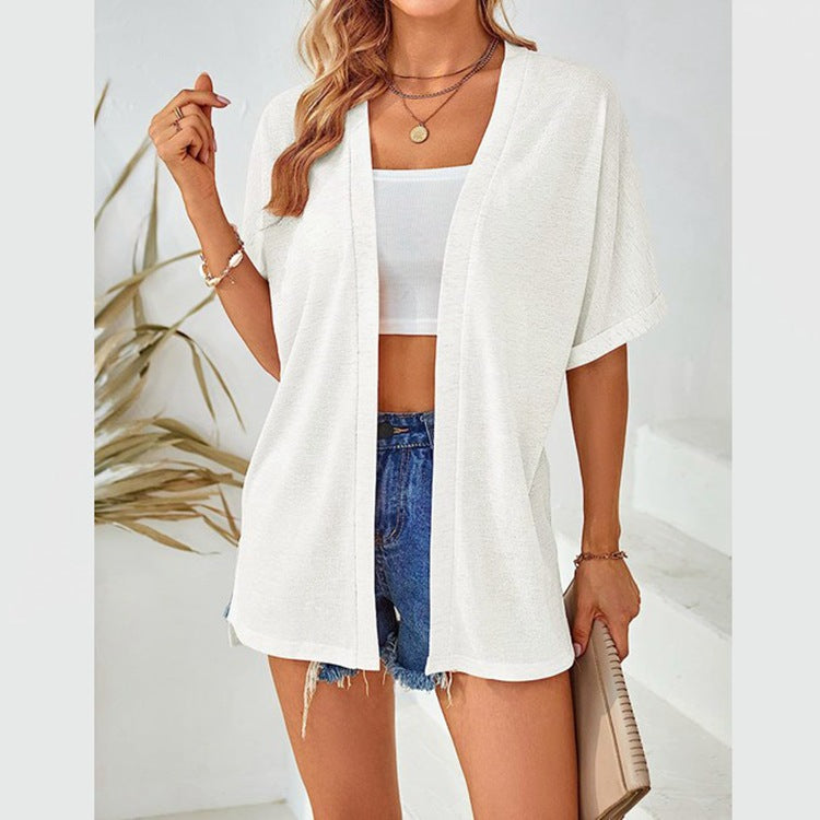 Womens Lightweight Cardigan 2026 Summer Short Sleeve Open Front Beach Coverup Vacation Outdoorfun Knitwear Comfort Casual Loose Minimalist Basic Knitting Batwing Shortsleeve Tops Womenswear