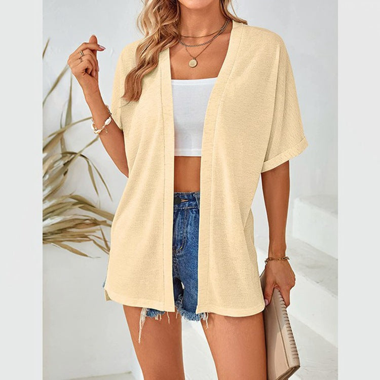 Womens Lightweight Cardigan 2026 Summer Short Sleeve Open Front Beach Coverup Vacation Outdoorfun Knitwear Comfort Casual Loose Minimalist Basic Knitting Batwing Shortsleeve Tops Womenswear