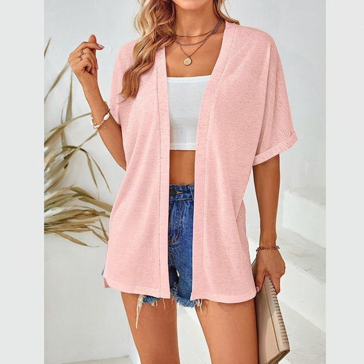 Womens Lightweight Cardigan 2026 Summer Short Sleeve Open Front Beach Coverup Vacation Outdoorfun Knitwear Comfort Casual Loose Minimalist Basic Knitting Batwing Shortsleeve Tops Womenswear