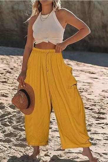 Women Comfort Lightweight Linen Wide Leg Cargo Pants