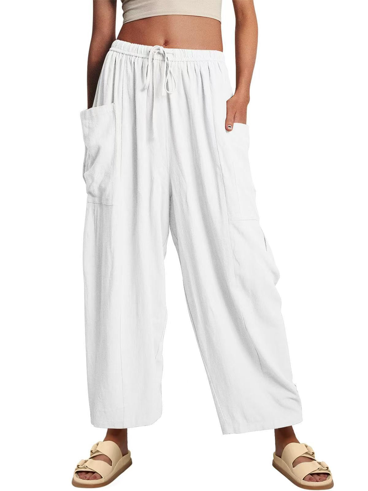Women Comfort Lightweight Linen Wide Leg Cargo Pants