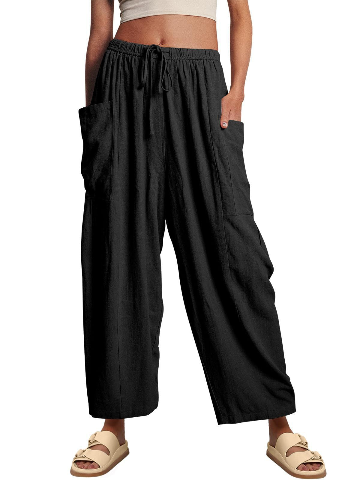 Women Comfort Lightweight Linen Wide Leg Cargo Pants
