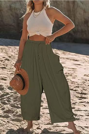 Women Comfort Lightweight Linen Wide Leg Cargo Pants
