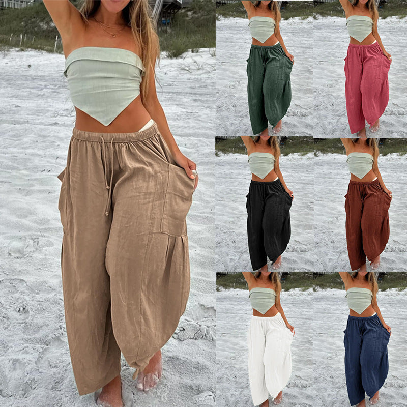 Women Comfort Lightweight Linen Wide Leg Cargo Pants