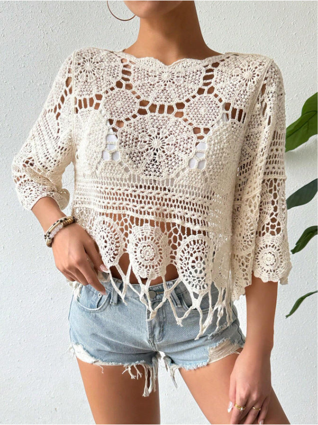 Women's Plain Fringe Trim Cut Out Sheer Cover Up, Boho Scallop Trim 3/4 Sleeve Round Neck Cover Up for Beach Vacation