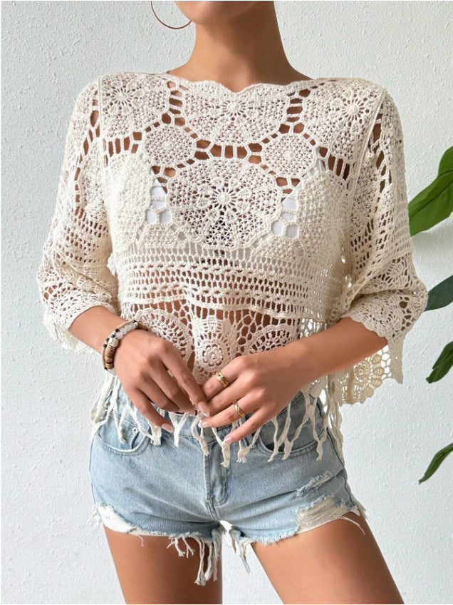 Women's Plain Fringe Trim Cut Out Sheer Cover Up, Boho Scallop Trim 3/4 Sleeve Round Neck Cover Up for Beach Vacation