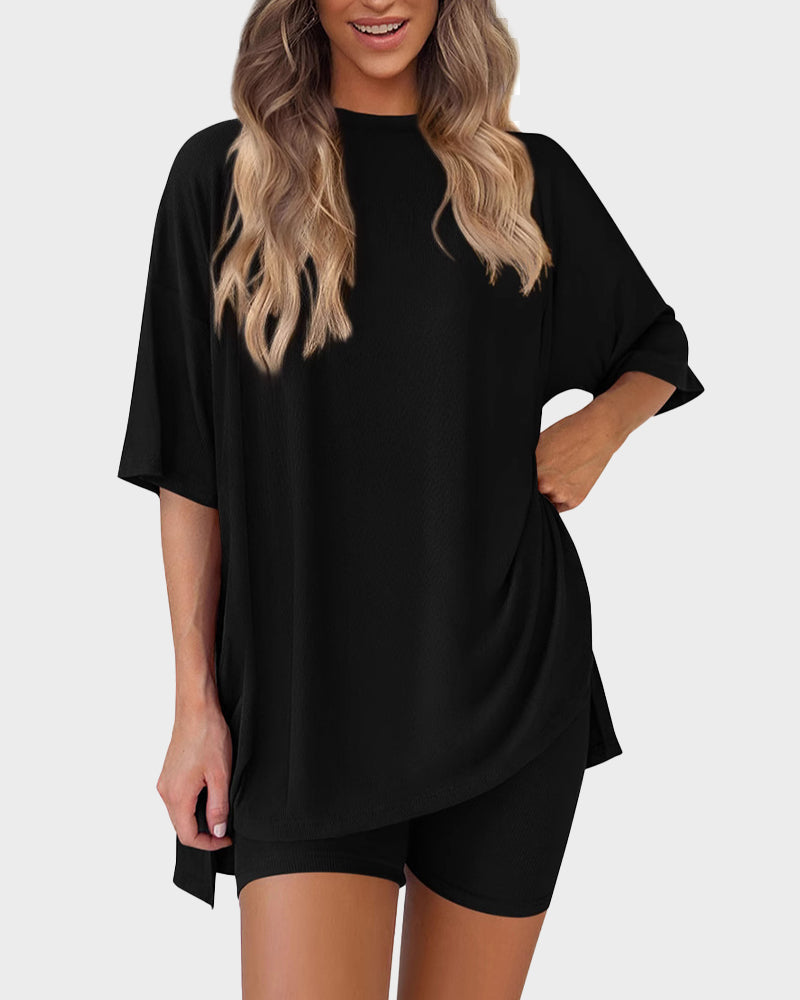 Casual Oversized 2-Piece Lounge Set – Crewneck Split Hem Top &amp; Fitted Shorts