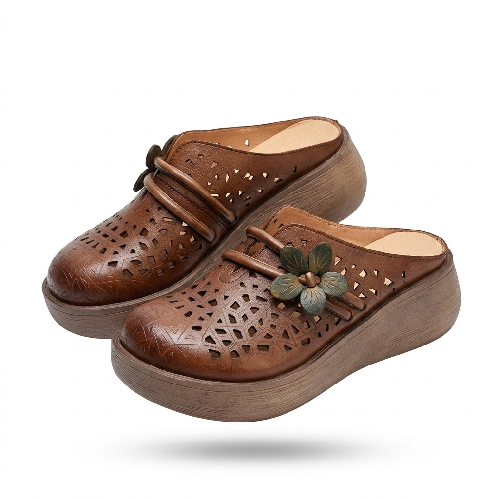 Women's Hollow Leather Wide Toe Box Wedge Sandals