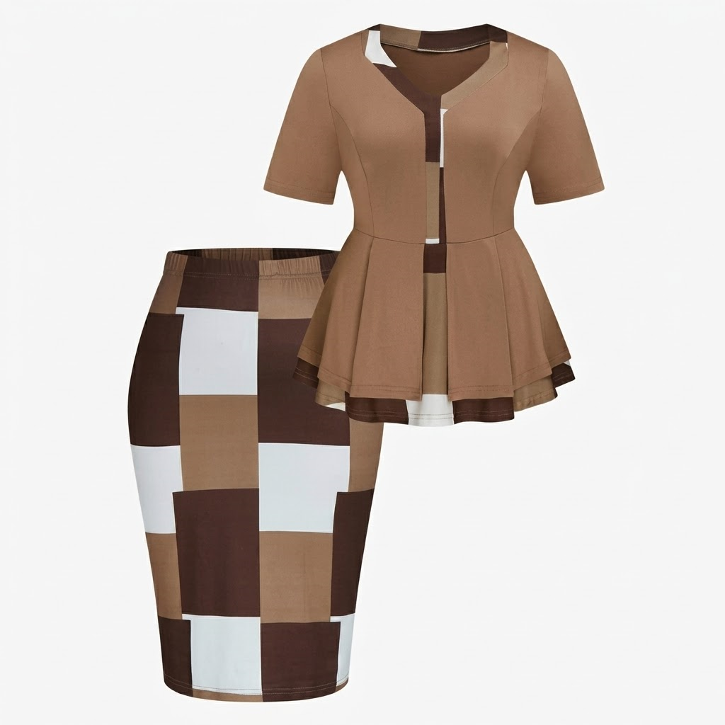 Women Geometric Contrast Color Matching Skirt Two Piece Set