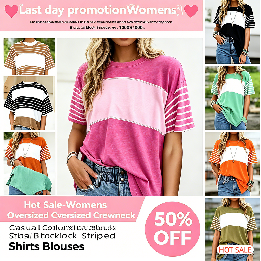 Hot Sale-Womens Oversized Crewneck Casual Color Block Striped Shirts Blouses