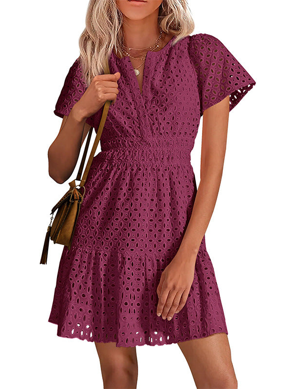 Women V Neck Lace A Line Summer Dress