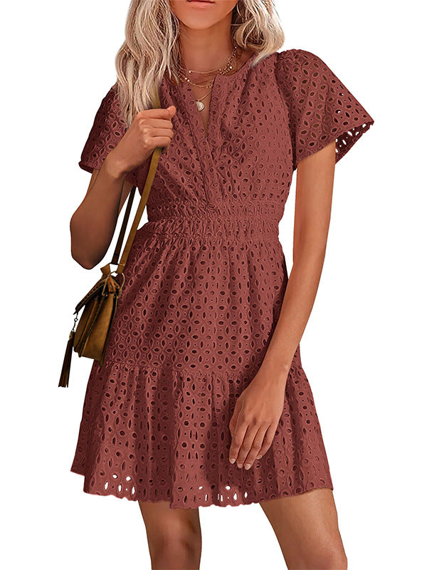 Women V Neck Lace A Line Summer Dress