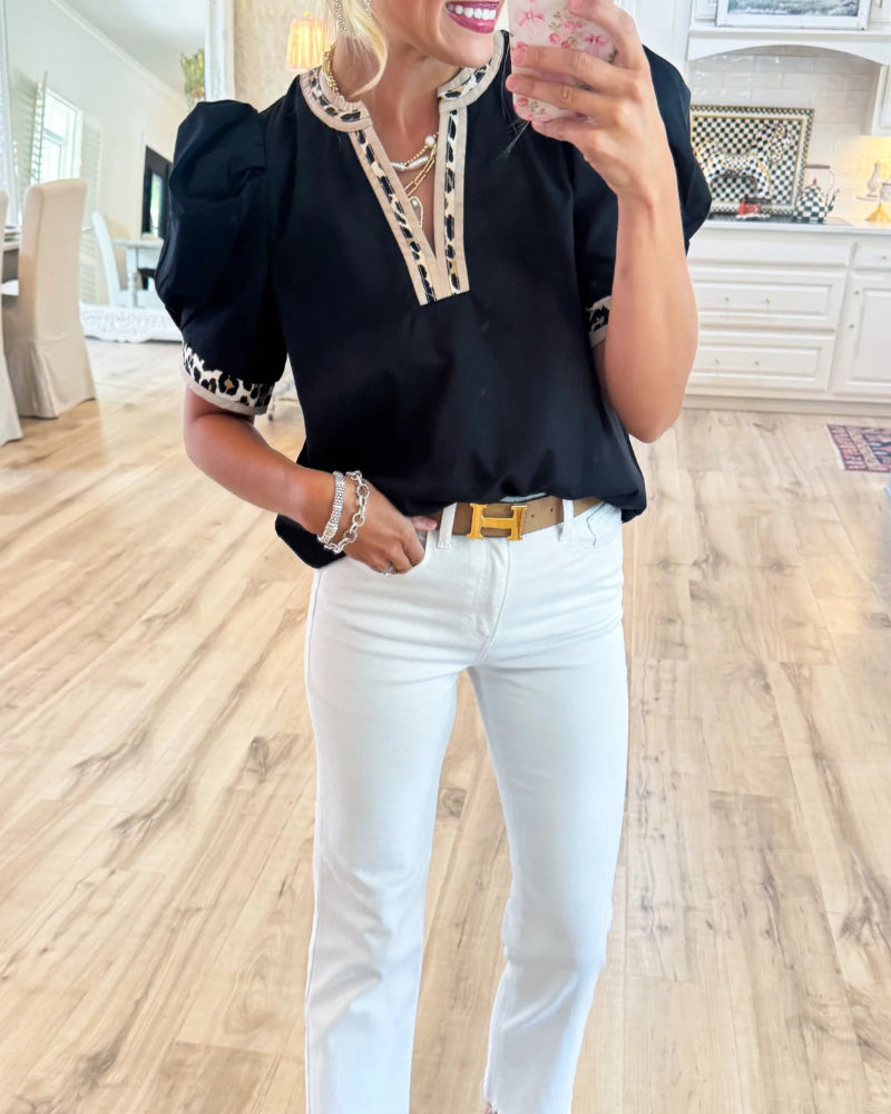 Elegant Leopard Contrast V-Neck Puff Sleeve Top