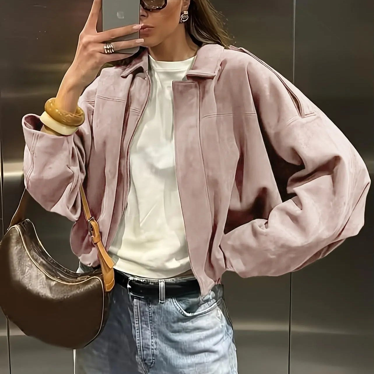 Premium Suede Loose Fit Zip-Up Jacket with Lapel Collar - Effortless Urban Style 🍂
