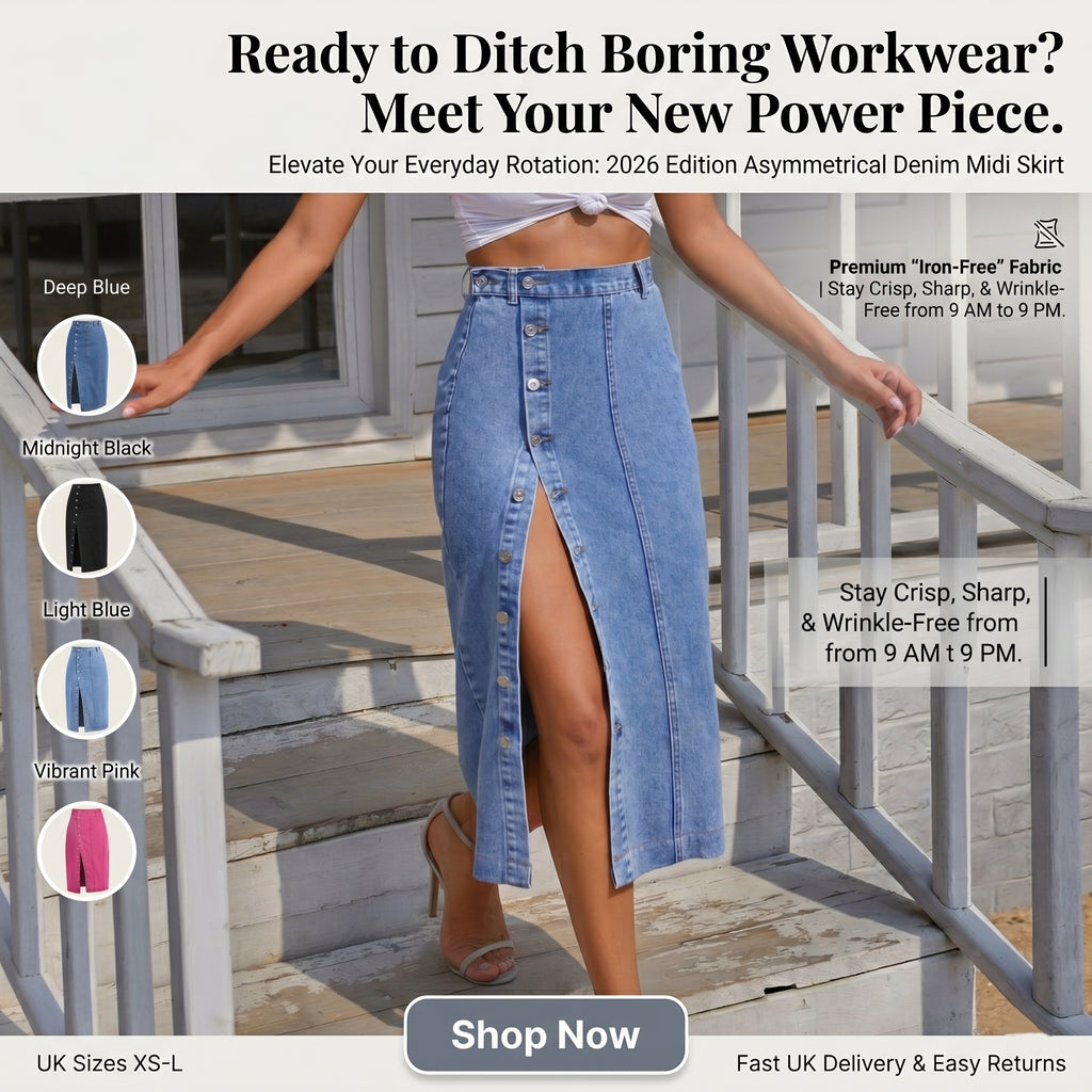 ⏰ LAST DAY-50% OFF 🛒) 2026 New In: Women's Edgy Denim Midi Skirt - Asymmetrical Placket & High Leg Slit - Slimming High Waist Design - Fits Size XS to 3XL